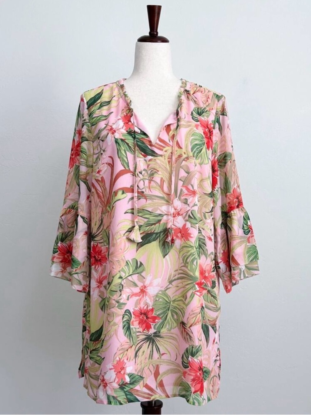 J. Jill Tropical Paradise Floral Pink Bell Sleeve Crepe Long  Tunic Blouse NWT